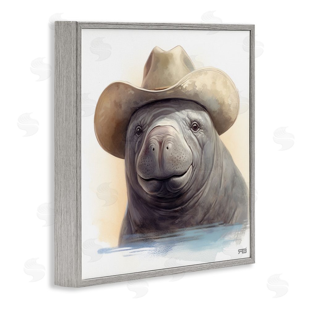 RB Manatee with Southern Hat Gray Framed Glicee Wall Art Print