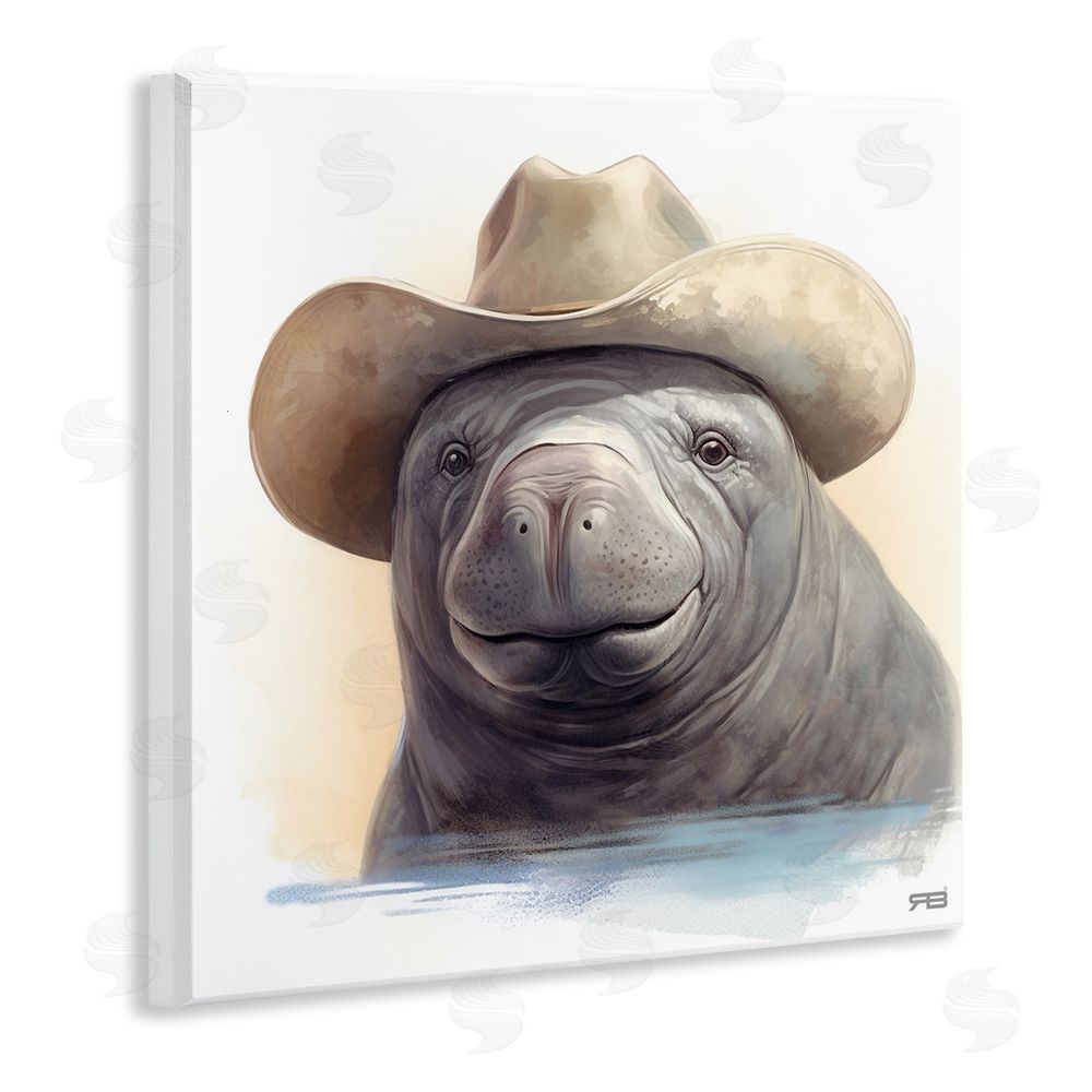 RB Manatee with Southern Hat Wooden Wall Plaque Art Print