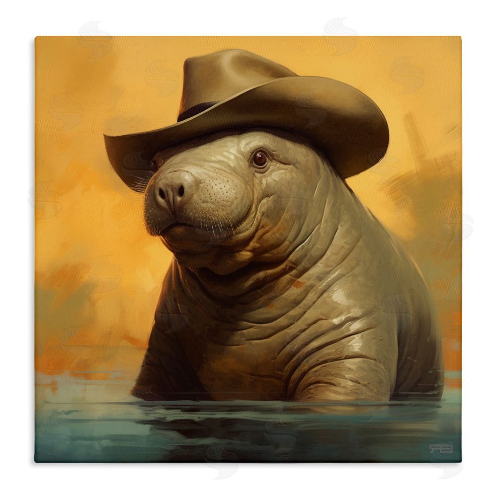 RB Swimming Manatee with Hat Stretched Canvas Wall Art Print