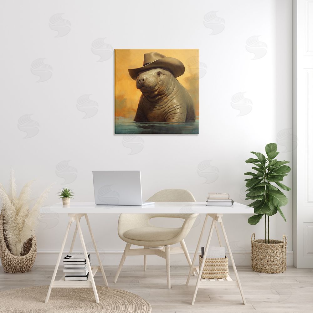 RB Swimming Manatee with Hat Canvas Wall Art in Room