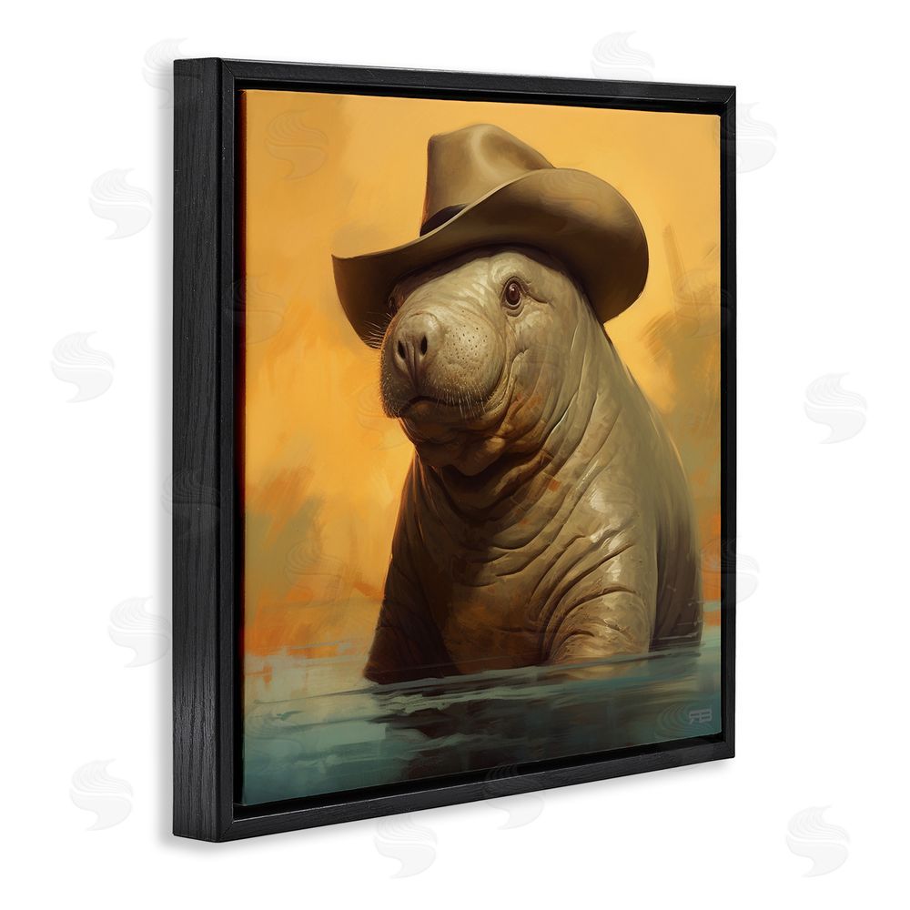 RB Swimming Manatee with Hat Black Floating Frame Canvas Wall Art Print