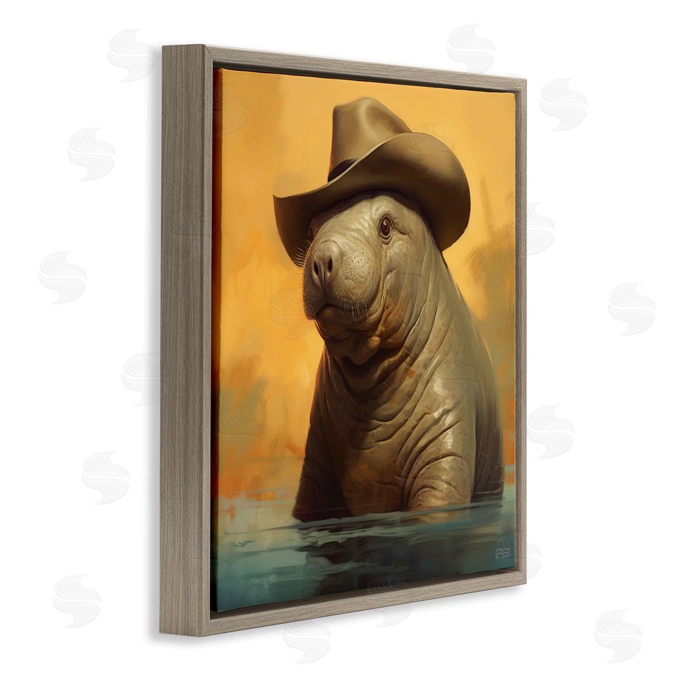 RB Swimming Manatee with Hat Brown Floating Frame Canvas Wall Art Print
