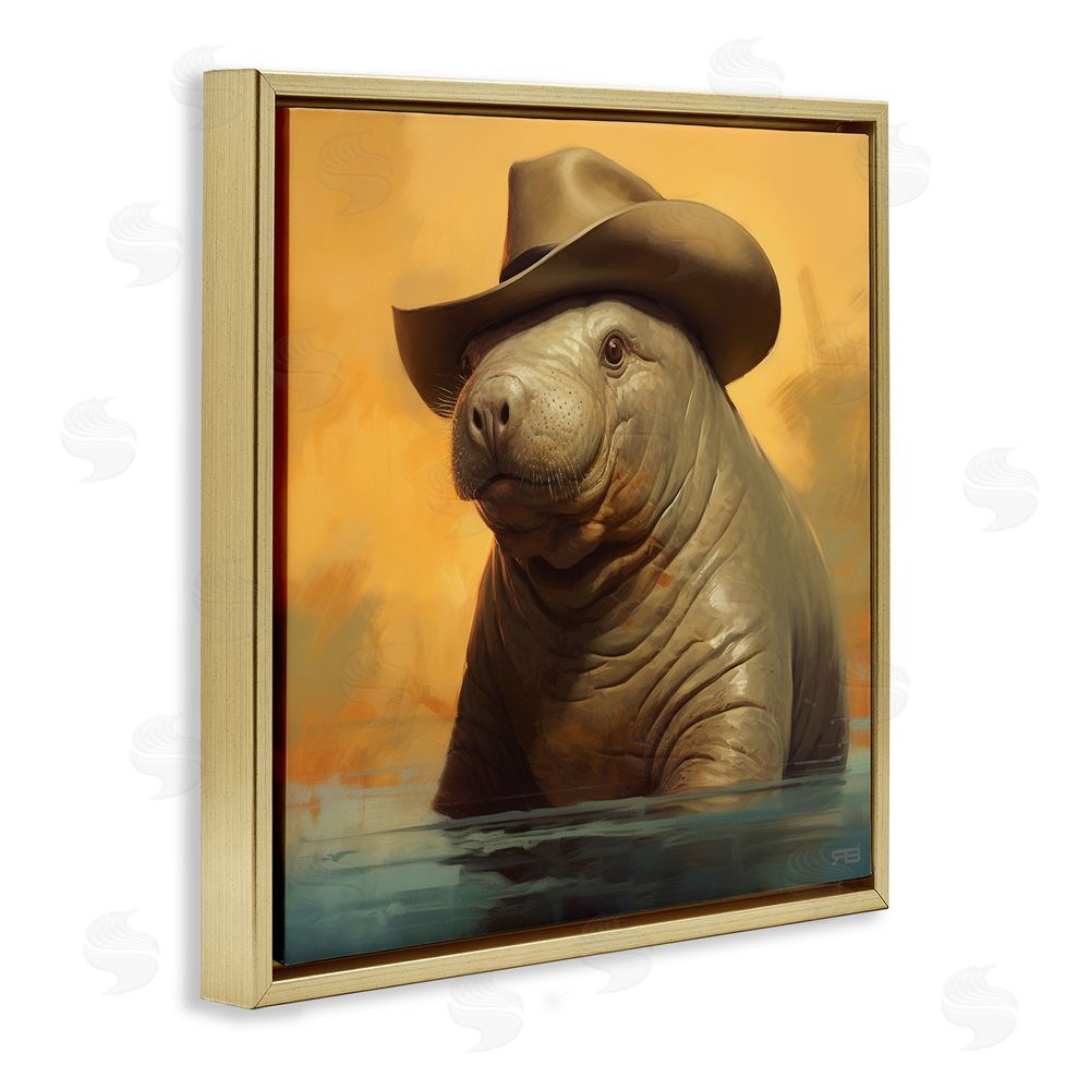 RB Swimming Manatee with Hat Gold Floating Frame Canvas Wall Art Print