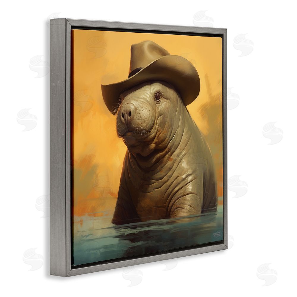 RB Swimming Manatee with Hat Gray Floating Frame Canvas Wall Art Print