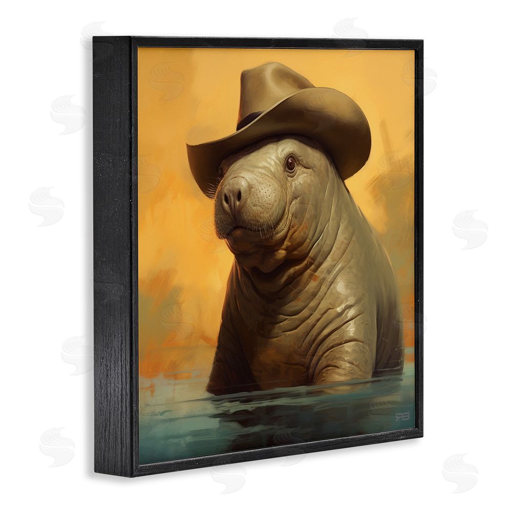 RB Swimming Manatee with Hat Black Framed Glicee Wall Art Print