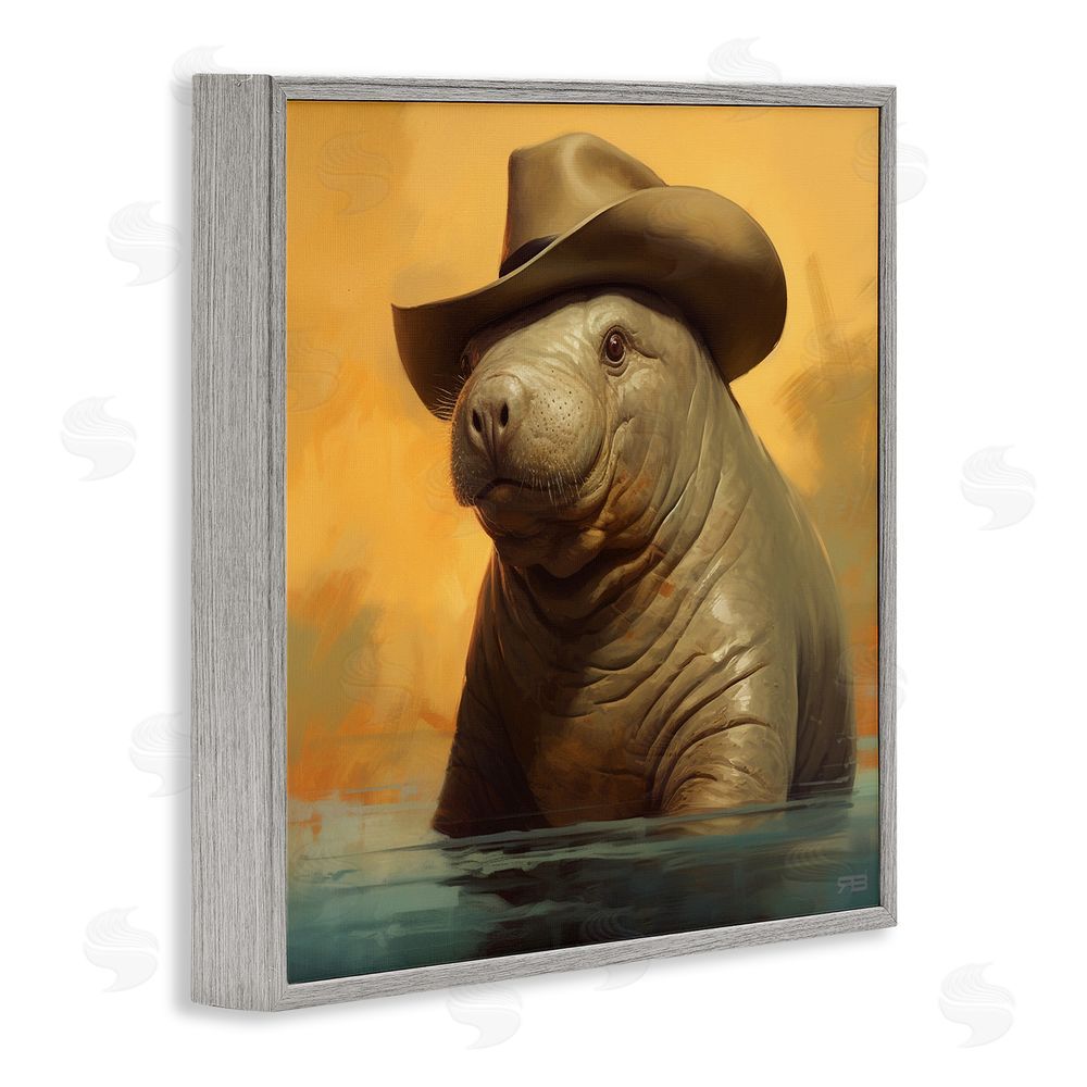 RB Swimming Manatee with Hat Gray Framed Glicee Wall Art Print
