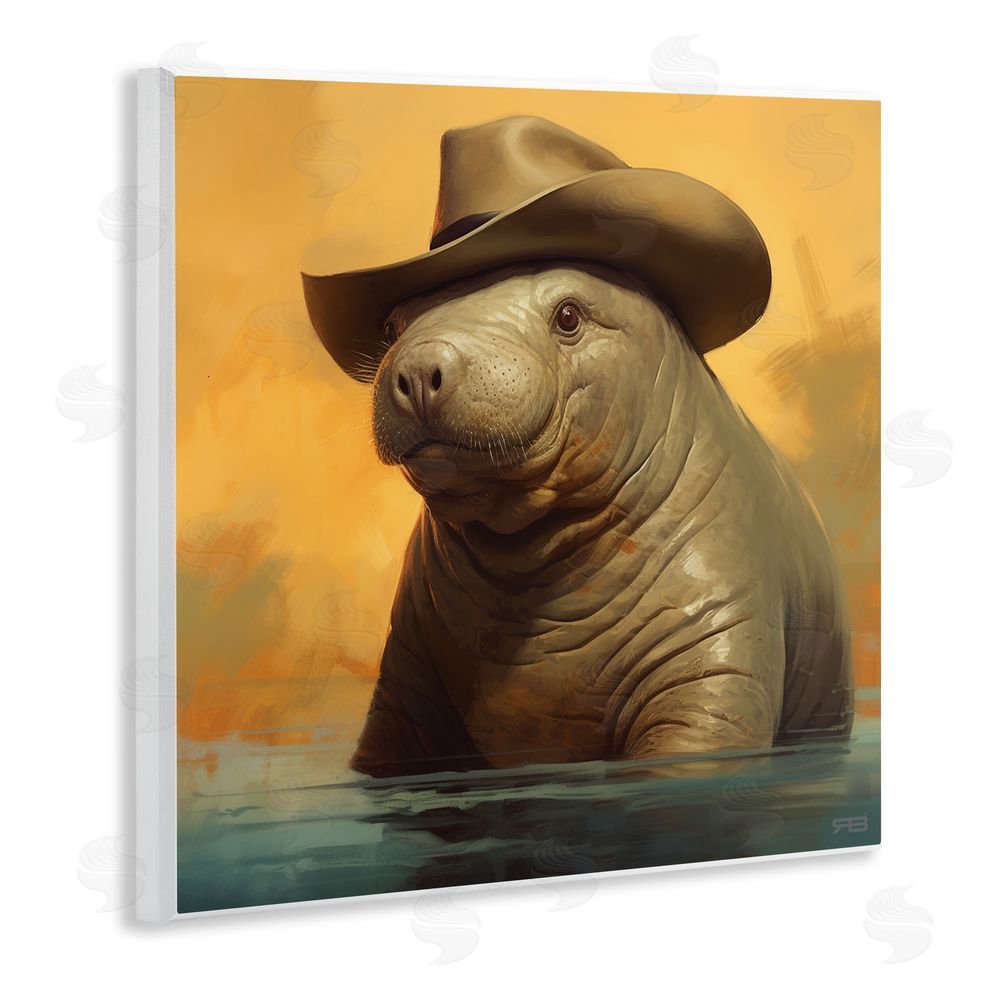 RB Swimming Manatee with Hat Wooden Wall Plaque Art Print