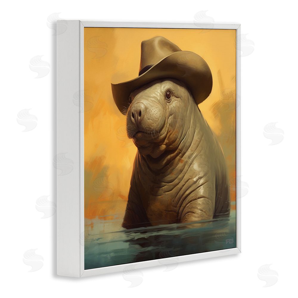 RB Swimming Manatee with Hat White Framed Glicee Wall Art Print
