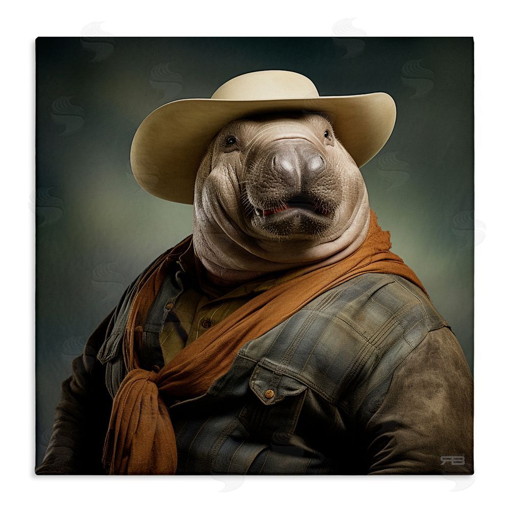 RB Cowboy Manatee Portrait Stretched Canvas Wall Art Print