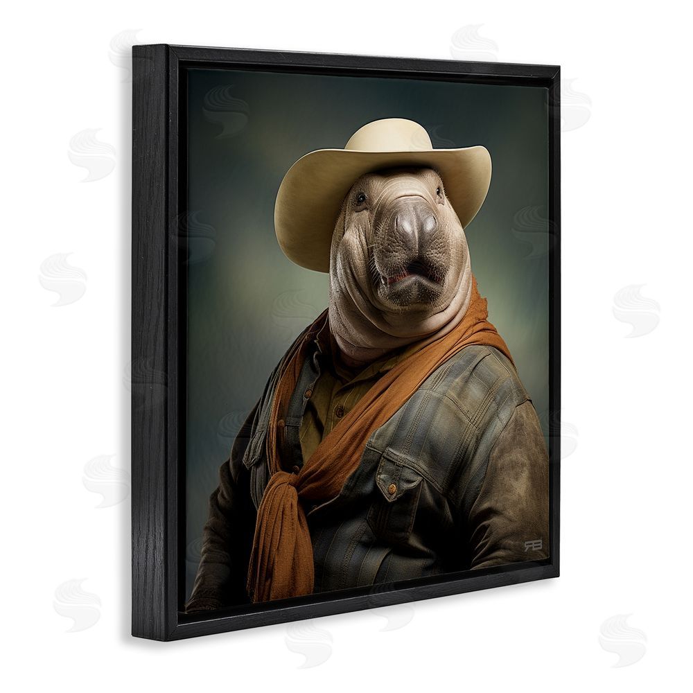 RB Cowboy Manatee Portrait Black Floating Frame Canvas Wall Art Print