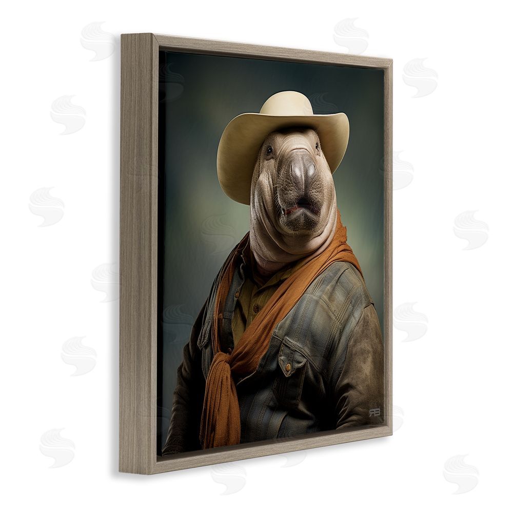 RB Cowboy Manatee Portrait Brown Floating Frame Canvas Wall Art Print