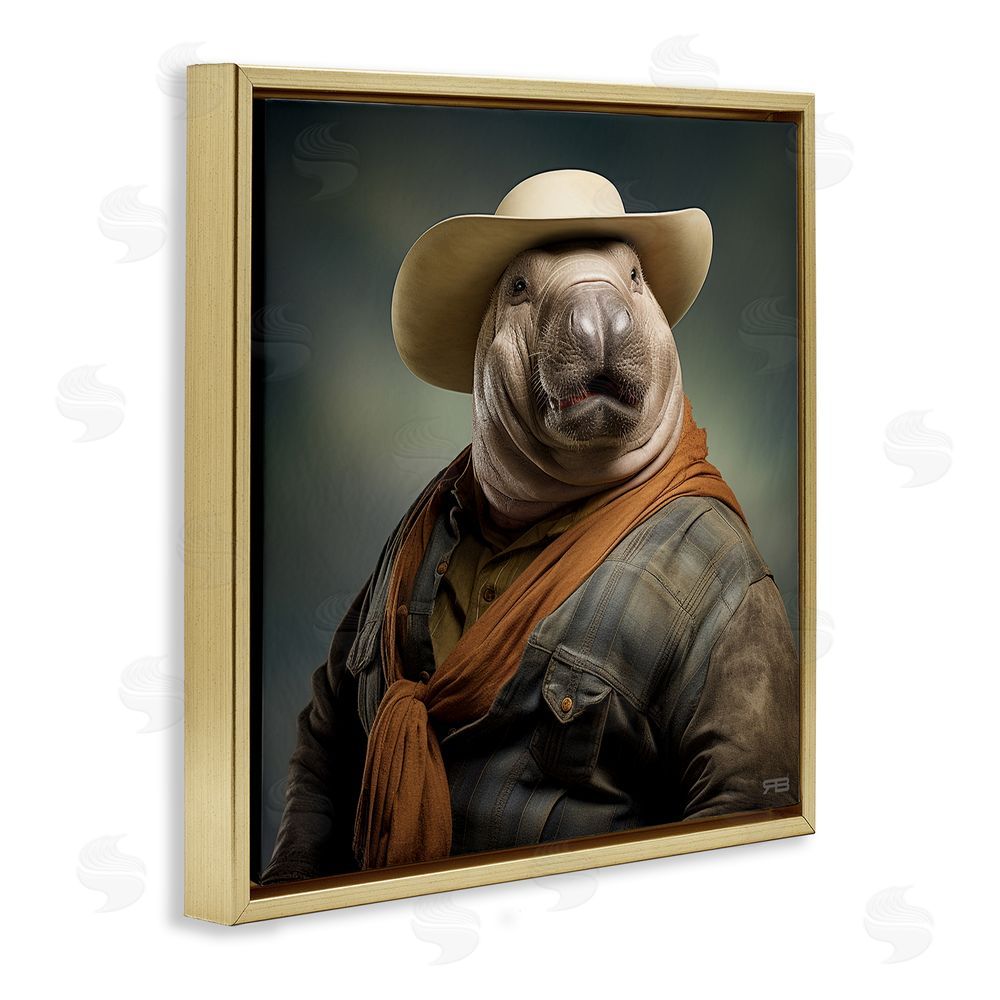 RB Cowboy Manatee Portrait Gold Floating Frame Canvas Wall Art Print