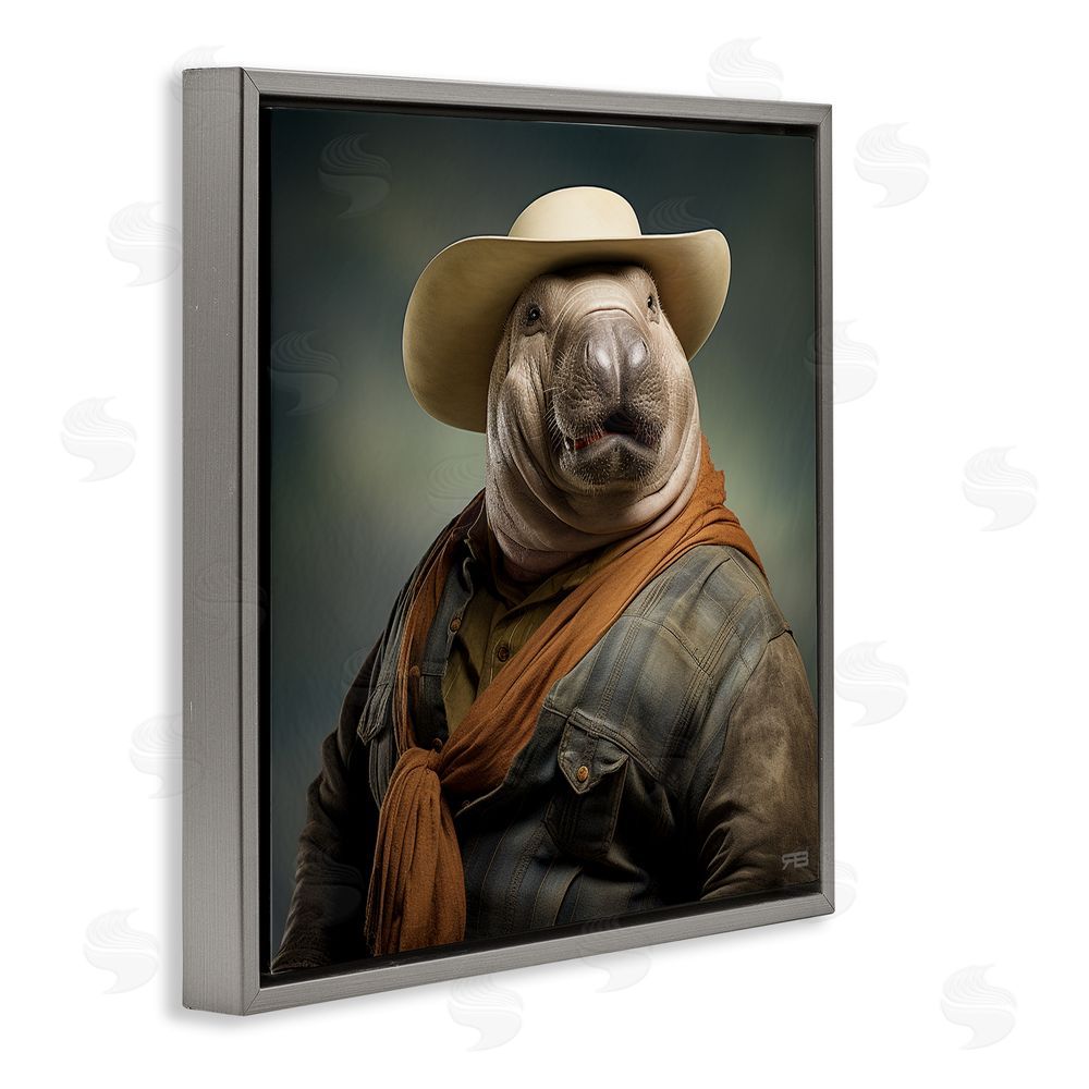 RB Cowboy Manatee Portrait Gray Floating Frame Canvas Wall Art Print