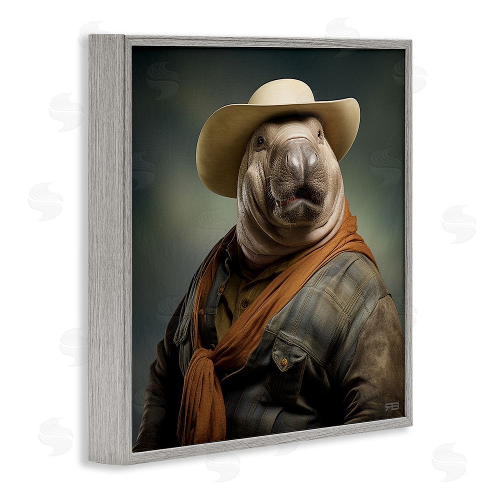 RB Cowboy Manatee Portrait Gray Framed Glicee Wall Art Print