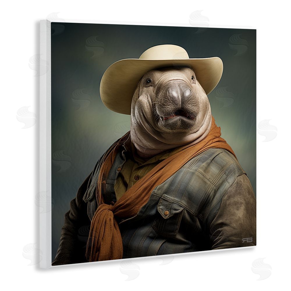 RB Cowboy Manatee Portrait Wooden Wall Plaque Art Print