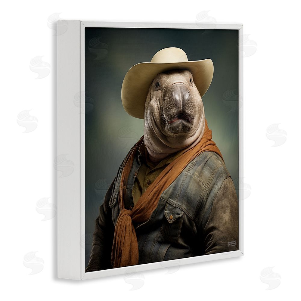 RB Cowboy Manatee Portrait White Framed Glicee Wall Art Print