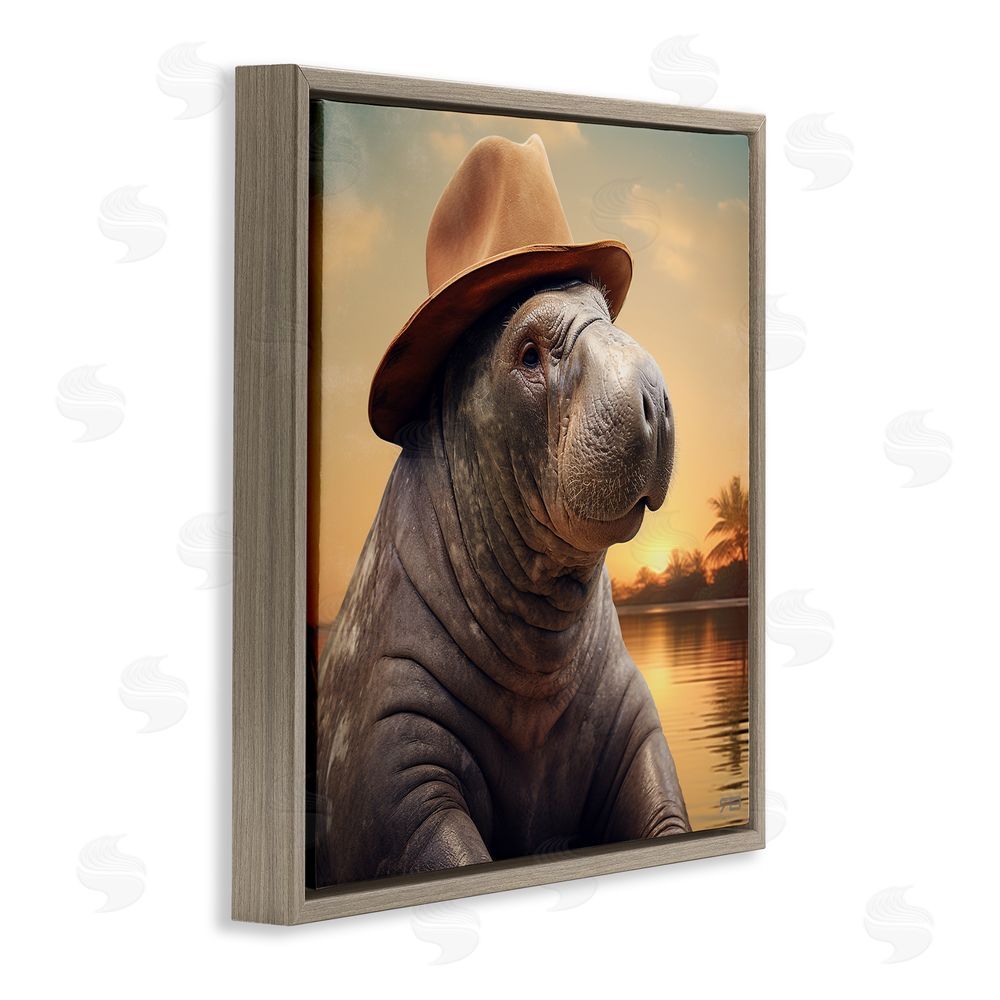 RB Tropical Manatee at Sunset Brown Floating Frame Canvas Wall Art Print