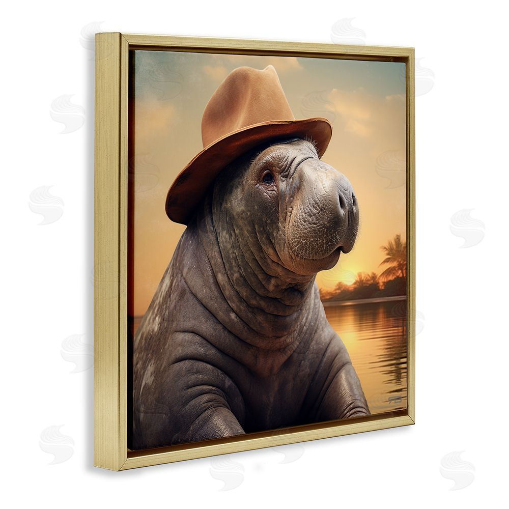 RB Tropical Manatee at Sunset Gold Floating Frame Canvas Wall Art Print