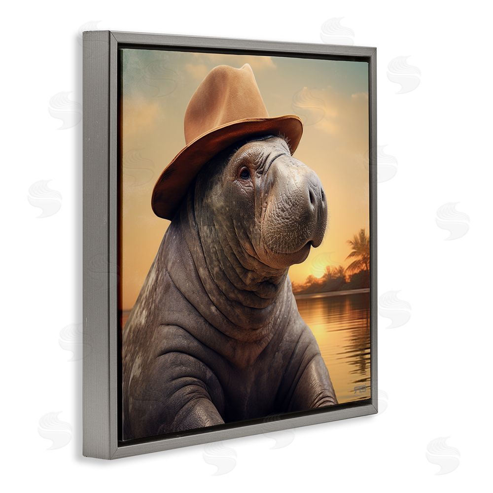RB Tropical Manatee at Sunset Gray Floating Frame Canvas Wall Art Print