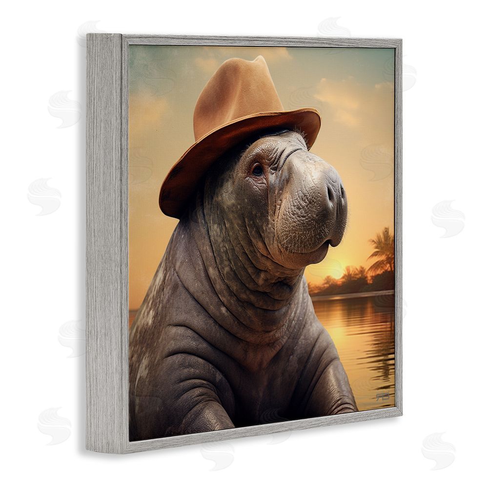 RB Tropical Manatee at Sunset Gray Framed Glicee Wall Art Print