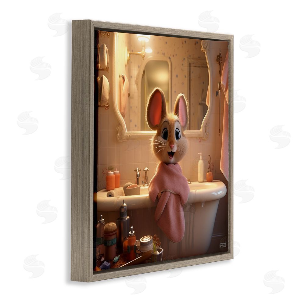 RB Mouse in Relaxing Bath Brown Floating Frame Canvas Wall Art Print