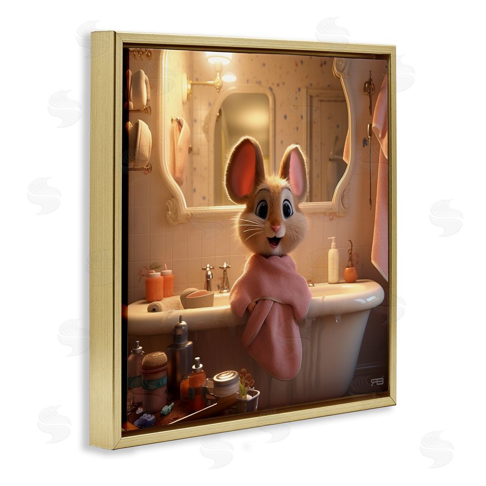 RB Mouse in Relaxing Bath Gold Floating Frame Canvas Wall Art Print
