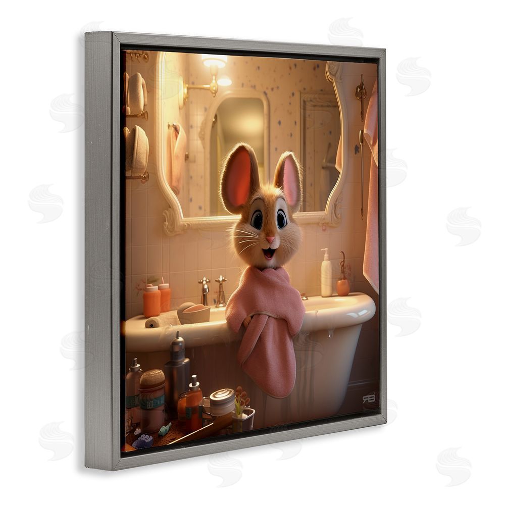 RB Mouse in Relaxing Bath Gray Floating Frame Canvas Wall Art Print