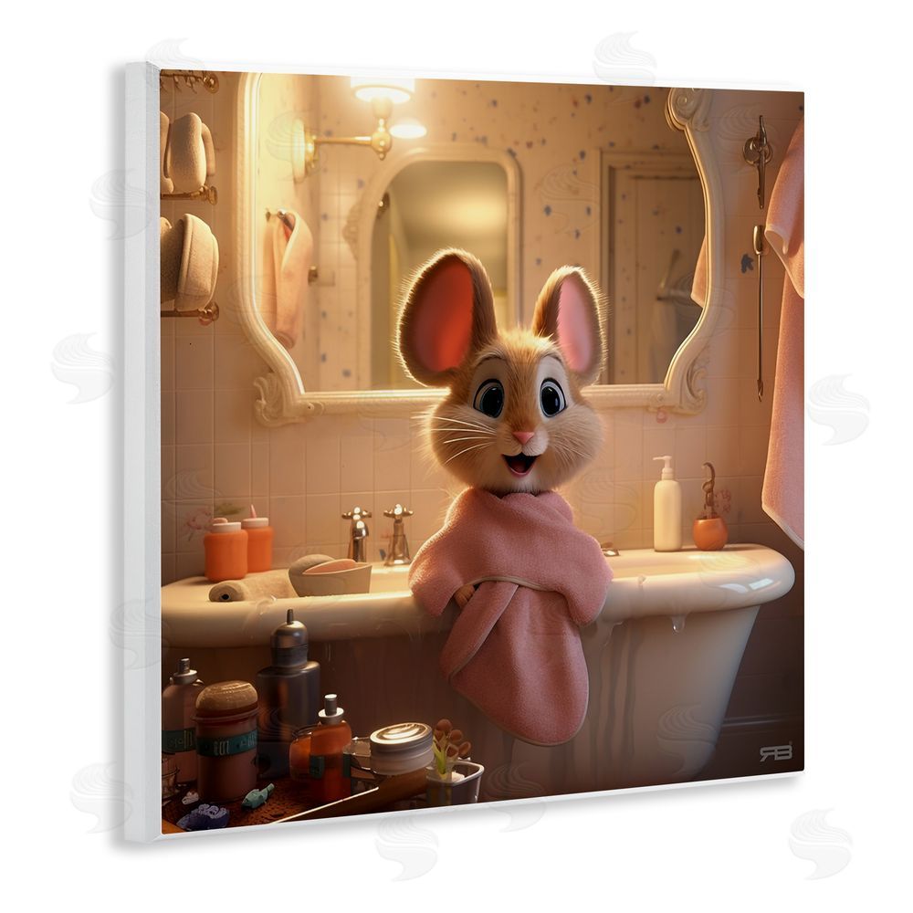 RB Mouse in Relaxing Bath Wooden Wall Plaque Art Print