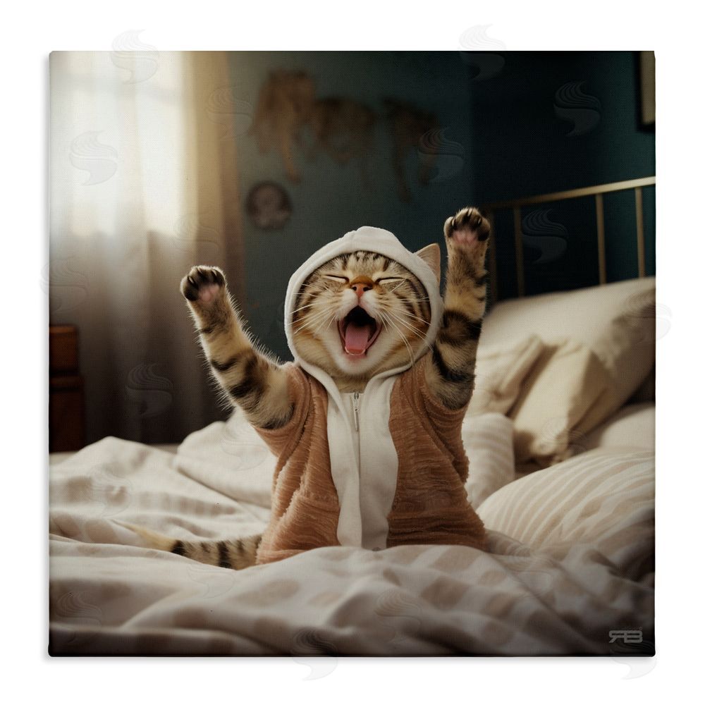 RB Yawning Cat in Bed Stretched Canvas Wall Art Print