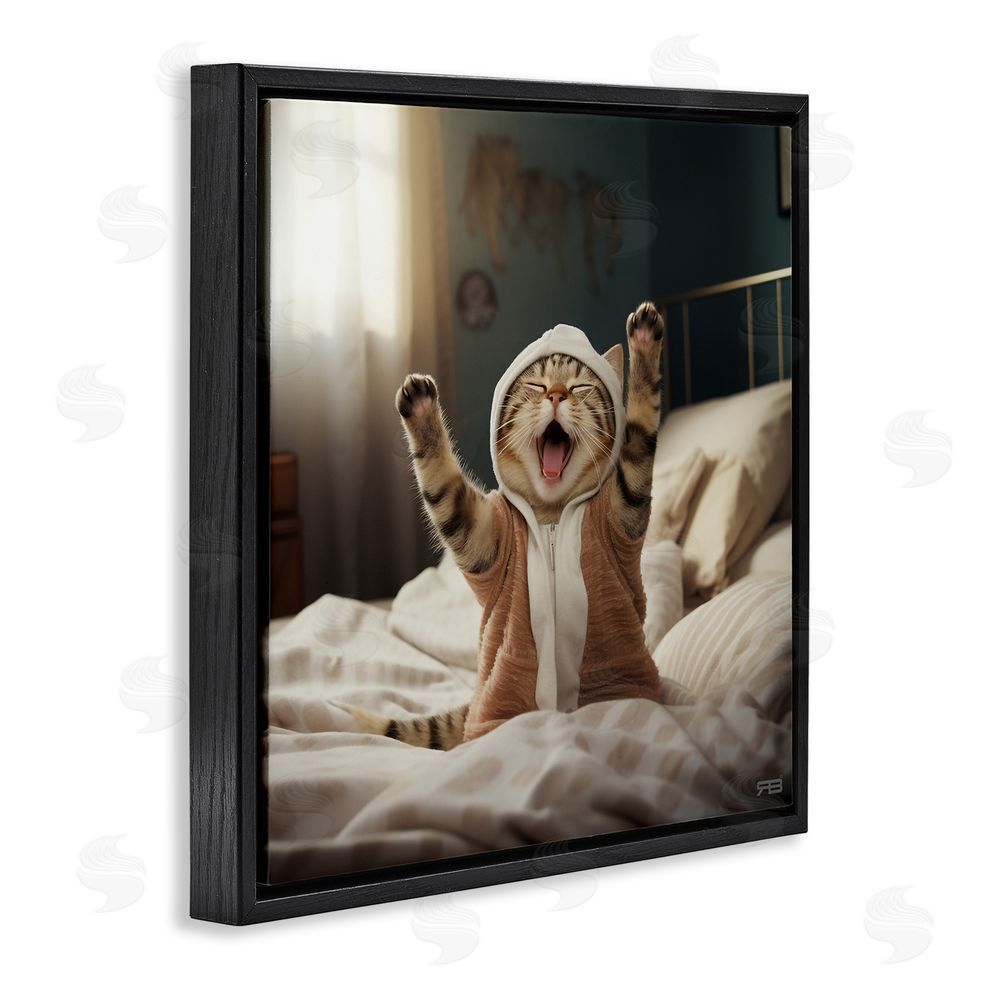 RB Yawning Cat in Bed Black Floating Frame Canvas Wall Art Print