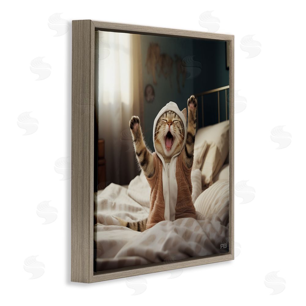 RB Yawning Cat in Bed Brown Floating Frame Canvas Wall Art Print