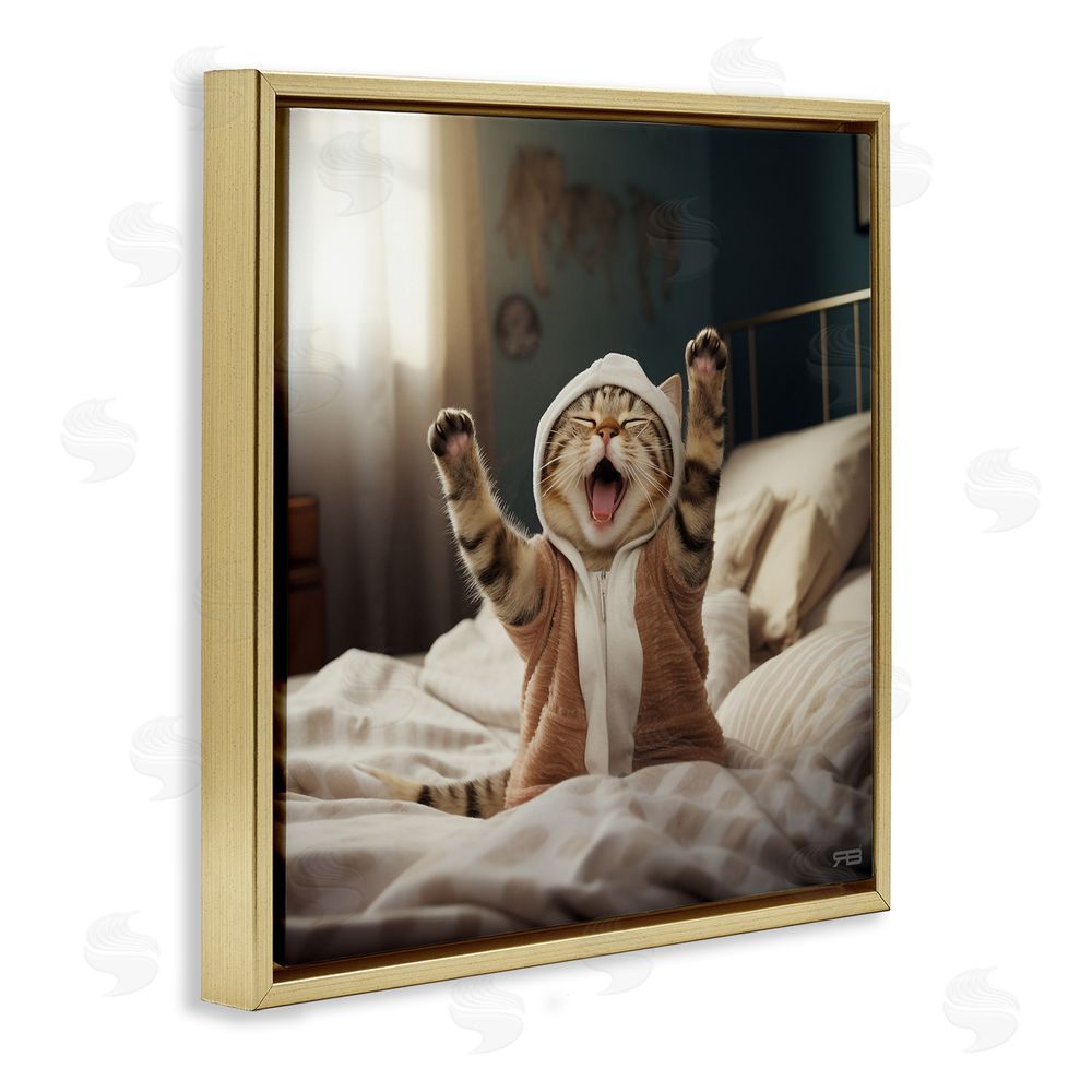 RB Yawning Cat in Bed Gold Floating Frame Canvas Wall Art Print