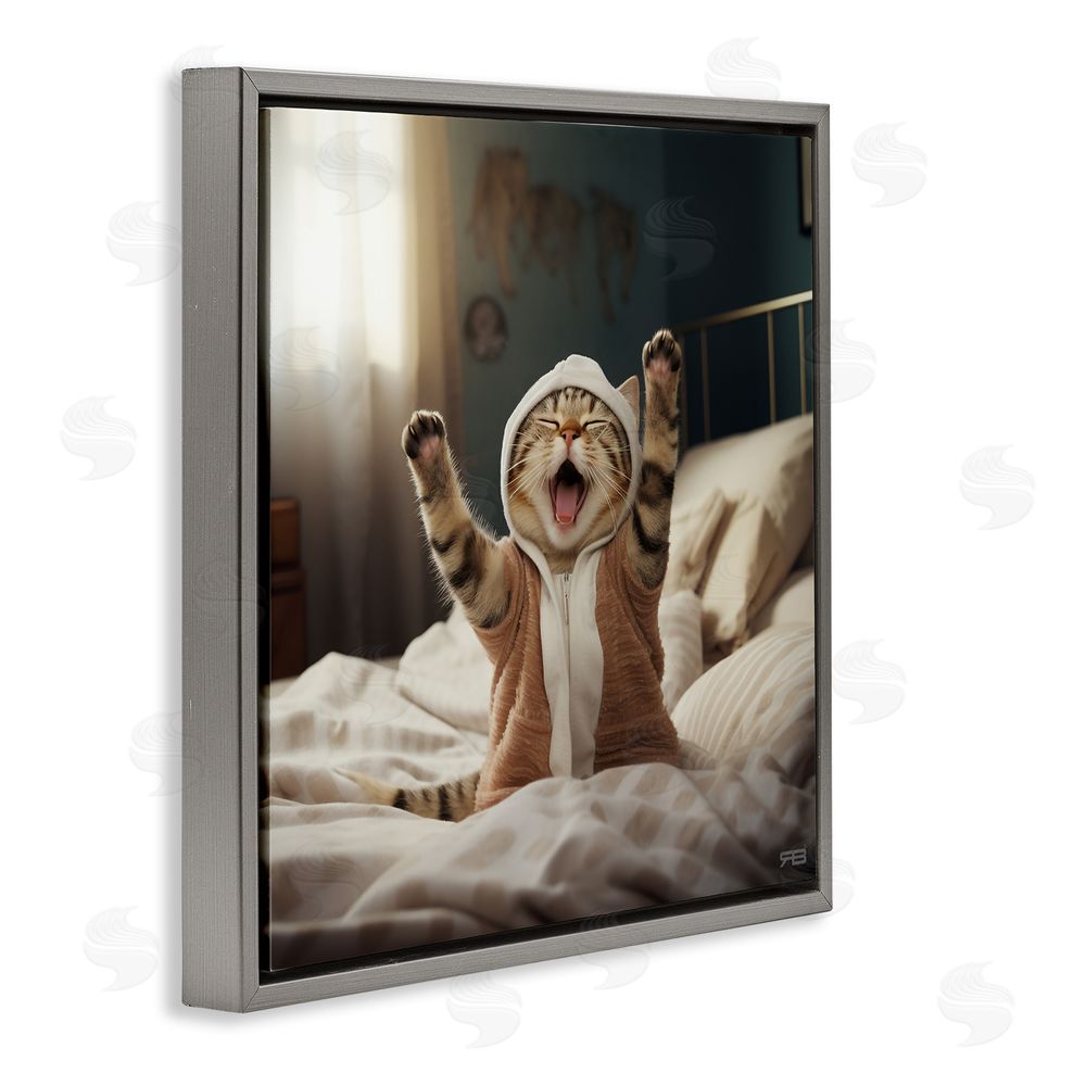 RB Yawning Cat in Bed Gray Floating Frame Canvas Wall Art Print