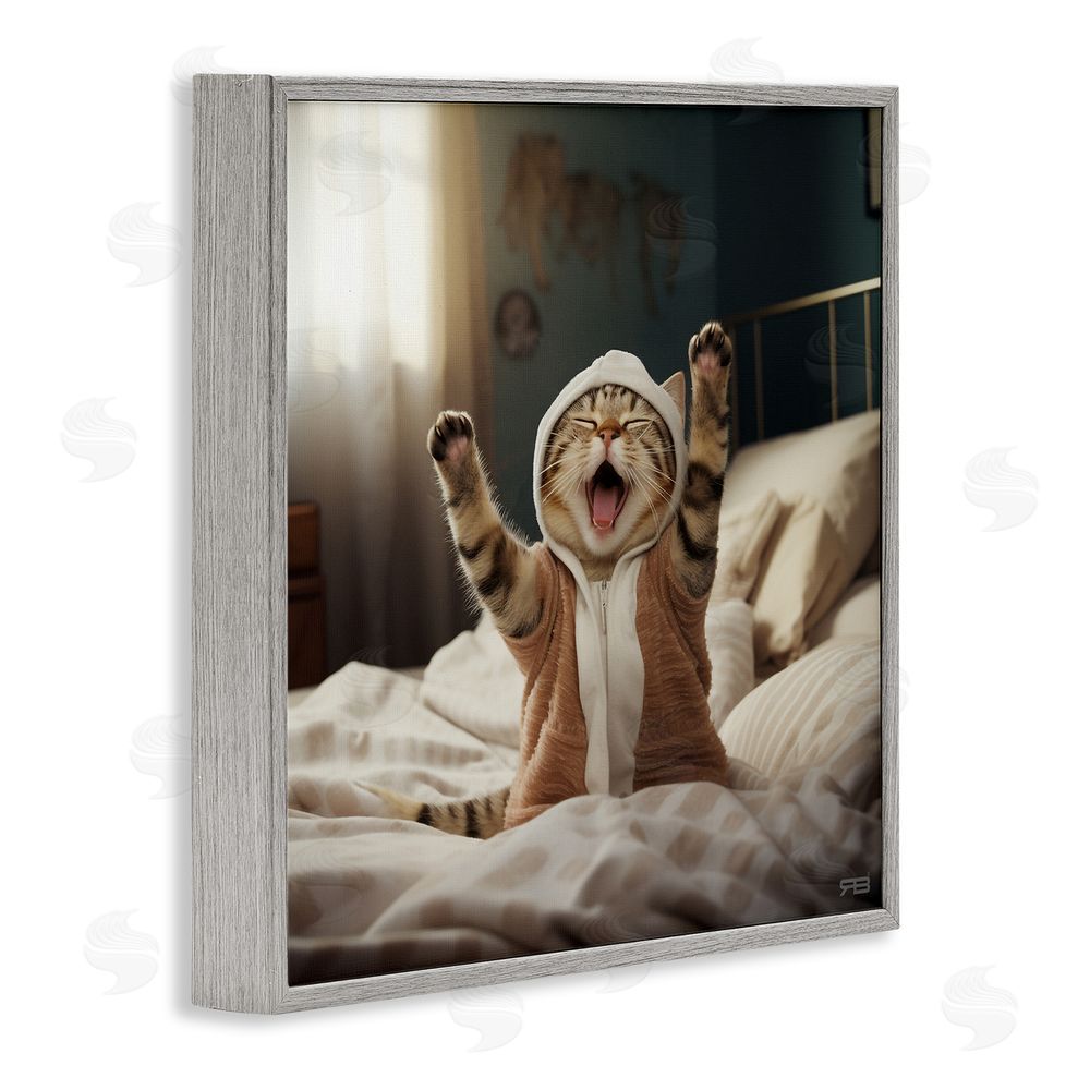 RB Yawning Cat in Bed Gray Framed Glicee Wall Art Print