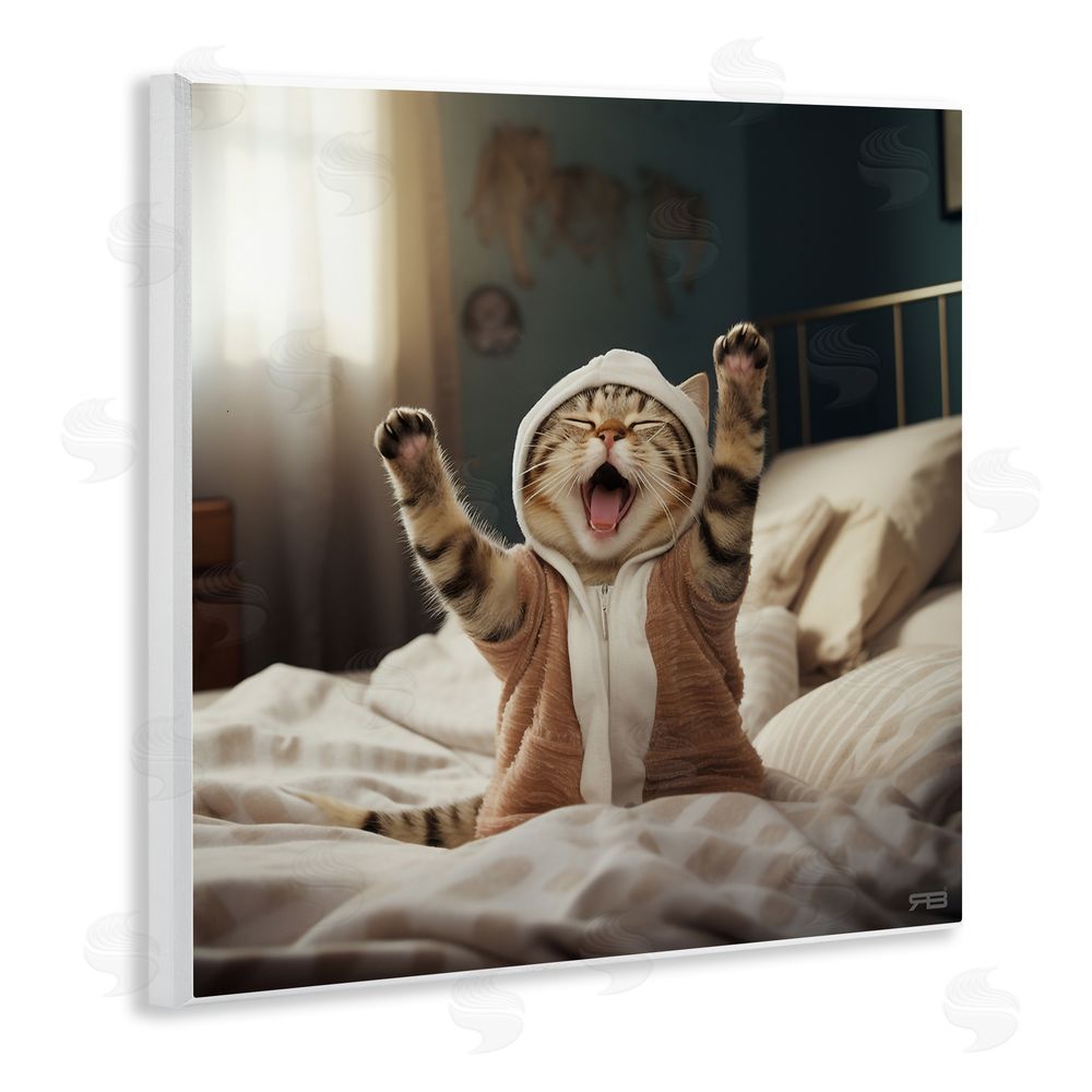 RB Yawning Cat in Bed Wooden Wall Plaque Art Print