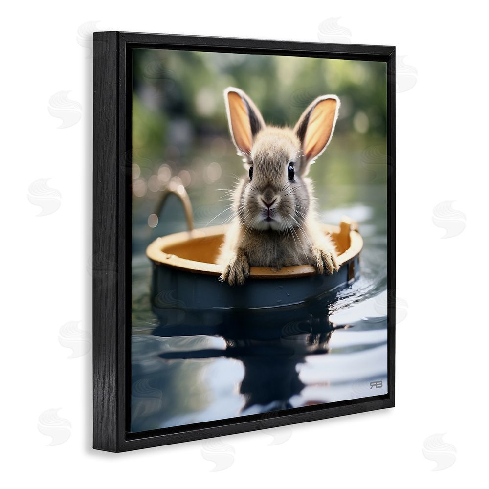 RB Bunny in Garden Pond Black Floating Frame Canvas Wall Art Print