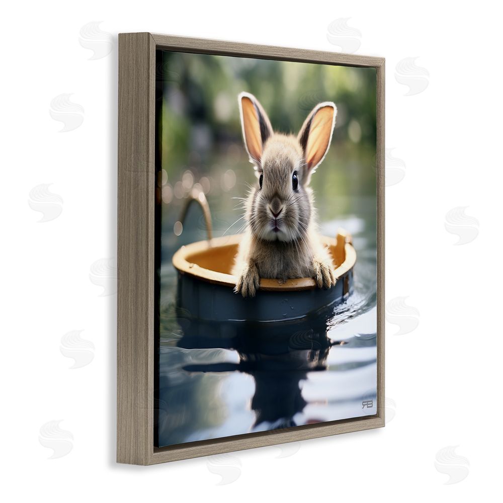 RB Bunny in Garden Pond Brown Floating Frame Canvas Wall Art Print