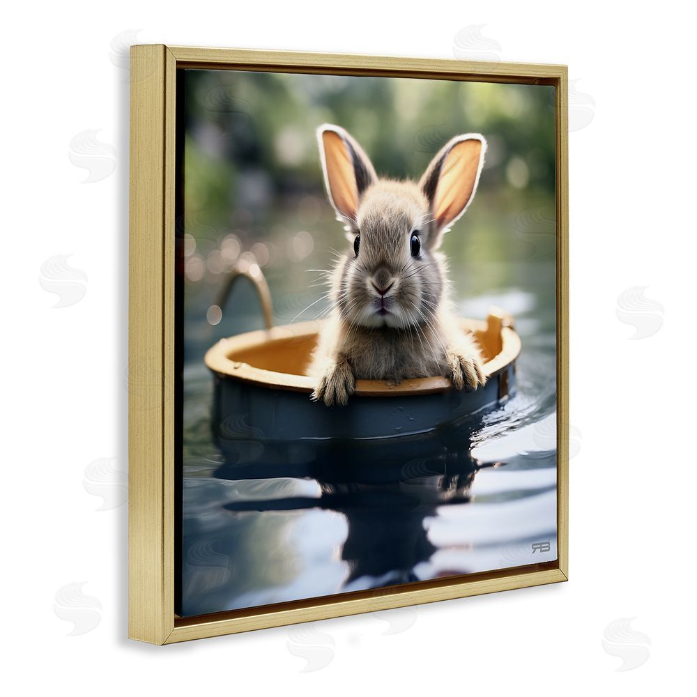 RB Bunny in Garden Pond Gold Floating Frame Canvas Wall Art Print