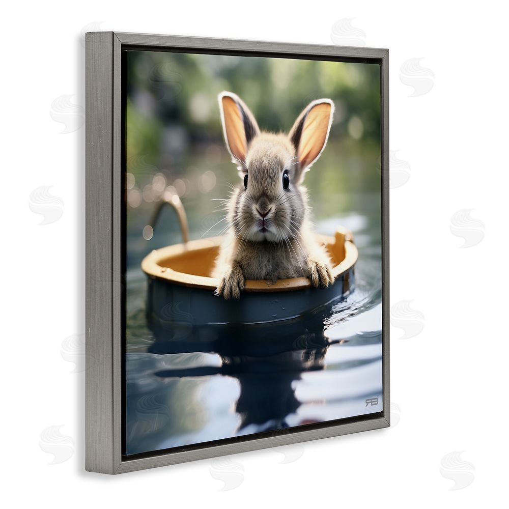 RB Bunny in Garden Pond Gray Floating Frame Canvas Wall Art Print
