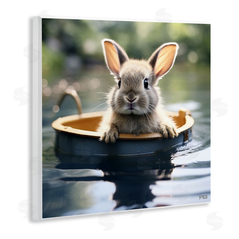 RB Bunny in Garden Pond Wooden Wall Plaque Art Print