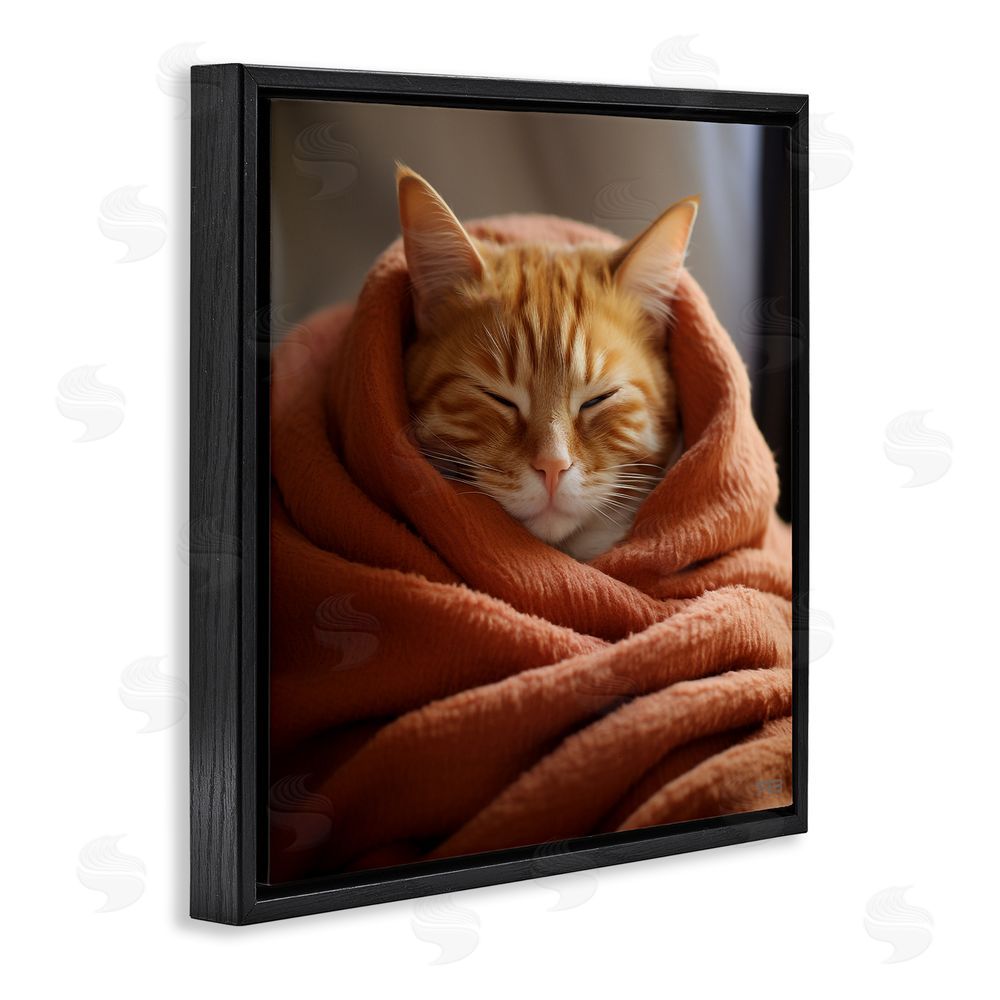 RB Cuddling Sleepy Cat Black Floating Frame Canvas Wall Art Print
