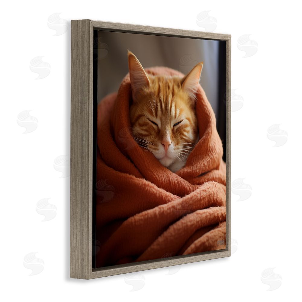 RB Cuddling Sleepy Cat Brown Floating Frame Canvas Wall Art Print