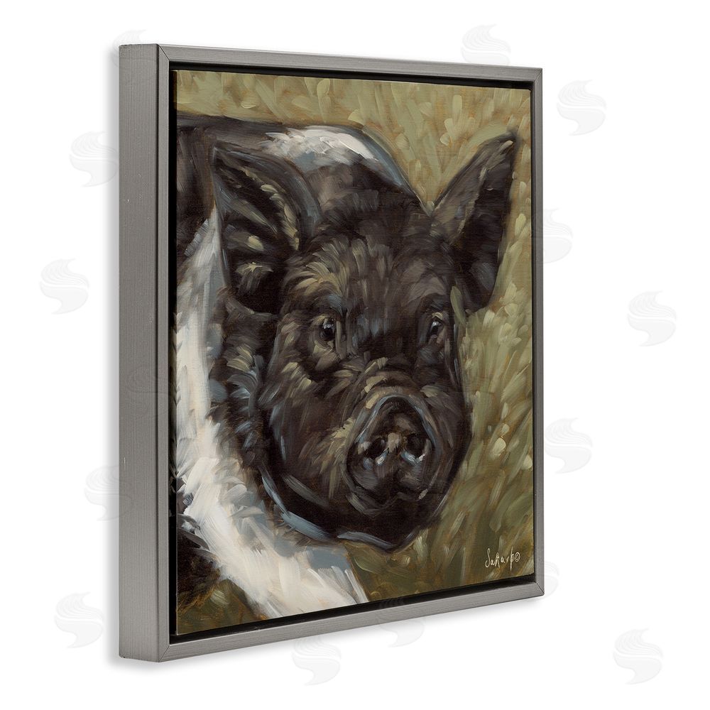 Sara G. Designs Country Pig Painting Gray Floating Frame Canvas Wall Art Print