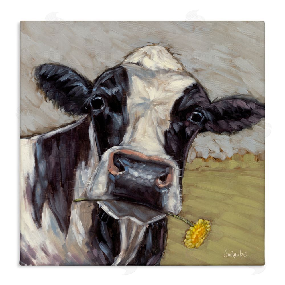 Sara G. Designs Cow with Yellow Daisy Stretched Canvas Wall Art Print
