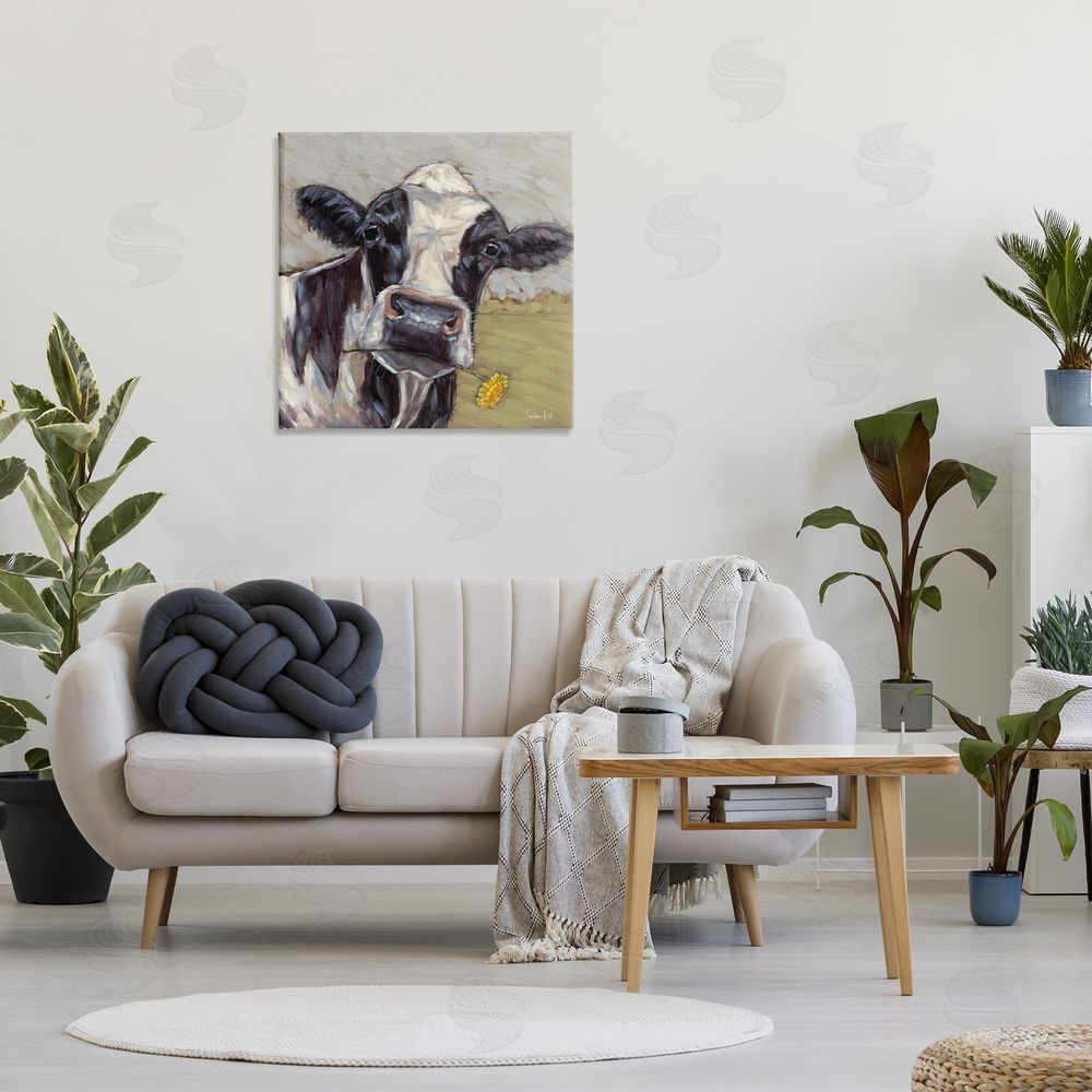 Sara G. Designs Cow with Yellow Daisy Canvas Wall Art in Room