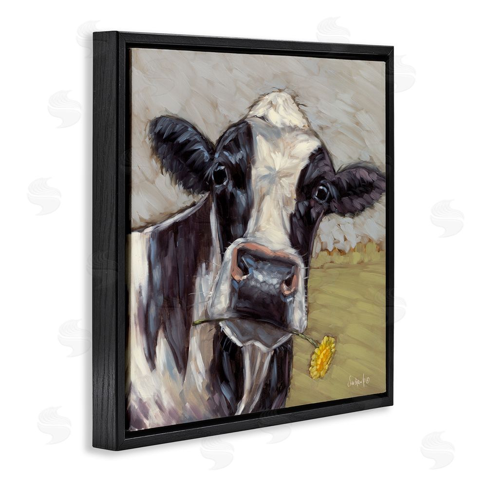 Sara G. Designs Cow with Yellow Daisy Black Floating Frame Canvas Wall Art Print