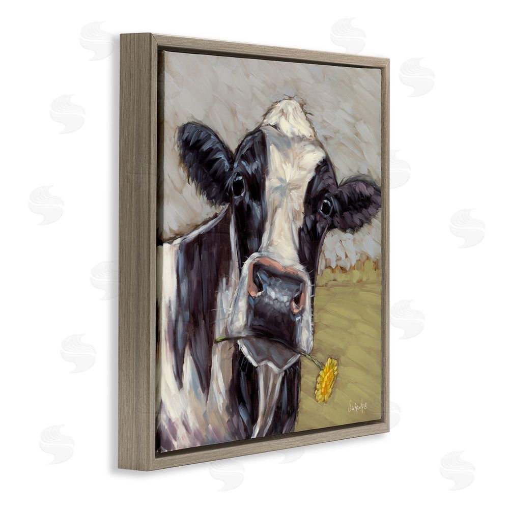 Sara G. Designs Cow with Yellow Daisy Brown Floating Frame Canvas Wall Art Print