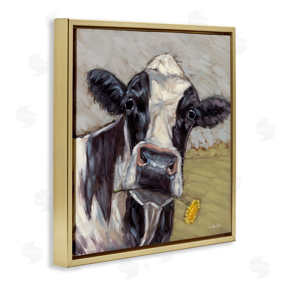 Sara G. Designs Cow with Yellow Daisy Gold Floating Frame Canvas Wall Art Print