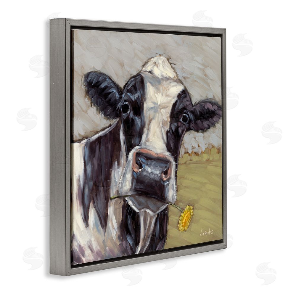 Sara G. Designs Cow with Yellow Daisy Gray Floating Frame Canvas Wall Art Print