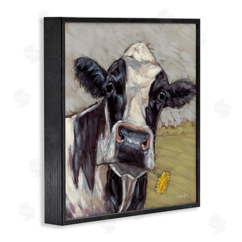 Sara G. Designs Cow with Yellow Daisy Black Framed Glicee Wall Art Print